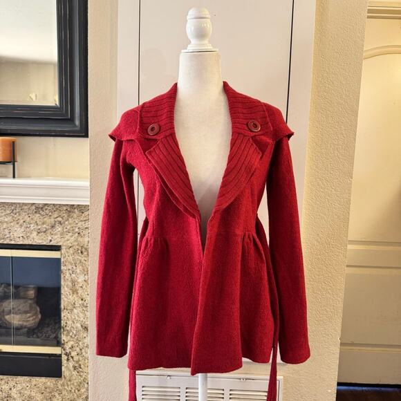 Anthropologie Sparrow Red Belted Mini Cape Cardigan Jacket 100% Merino Wool XS - Picture 2 of 9